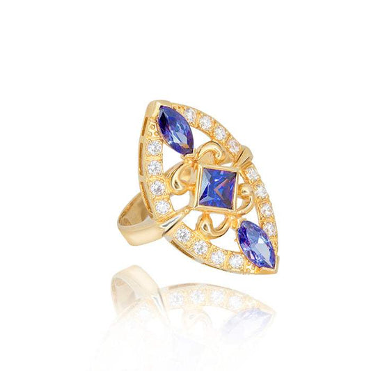 Anillo Lanzadera Circon Azul Oro Amarillo 18K